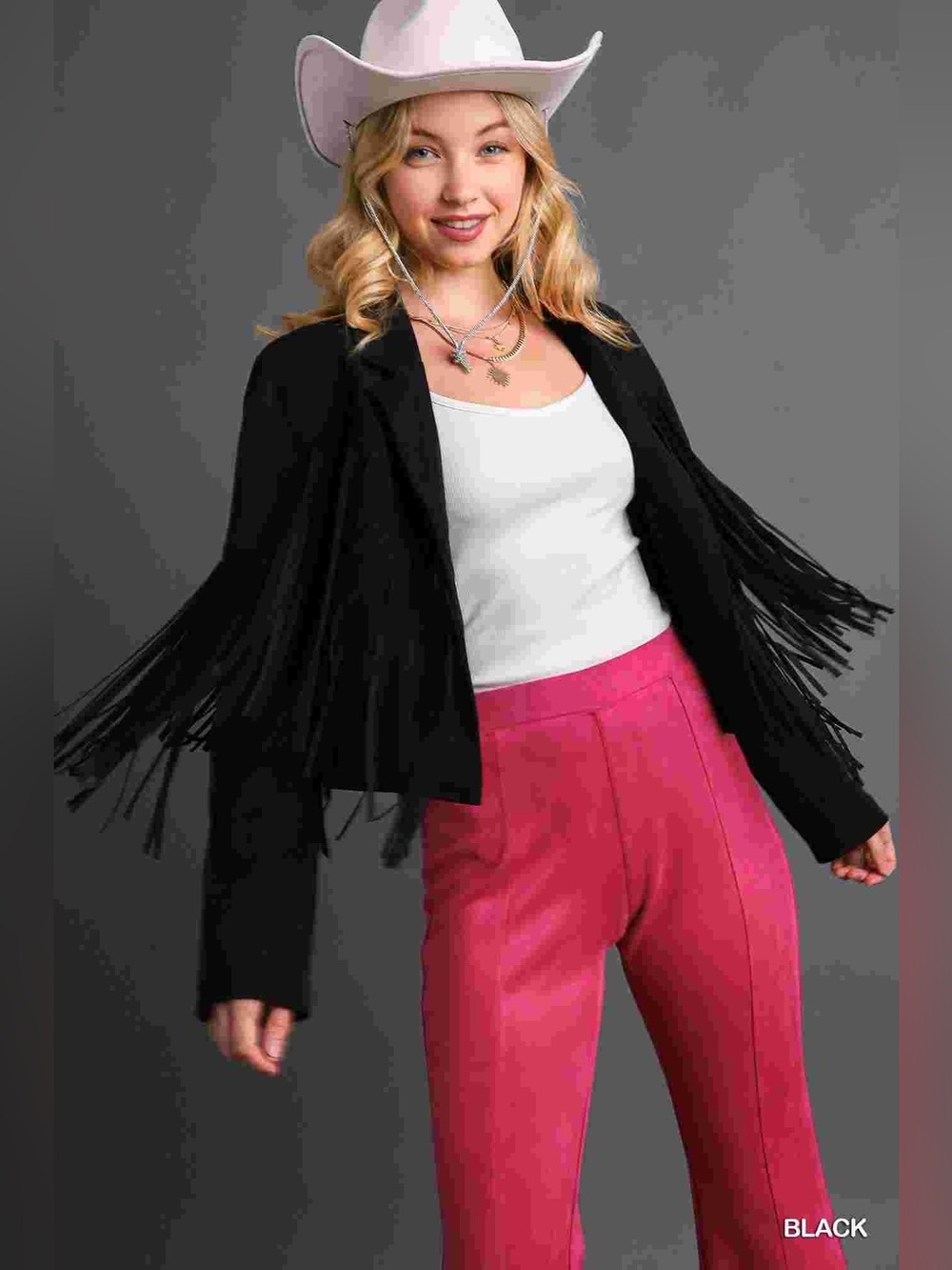 Umgee Faux Suede Open Front Jacket with Fringe sz L NWT